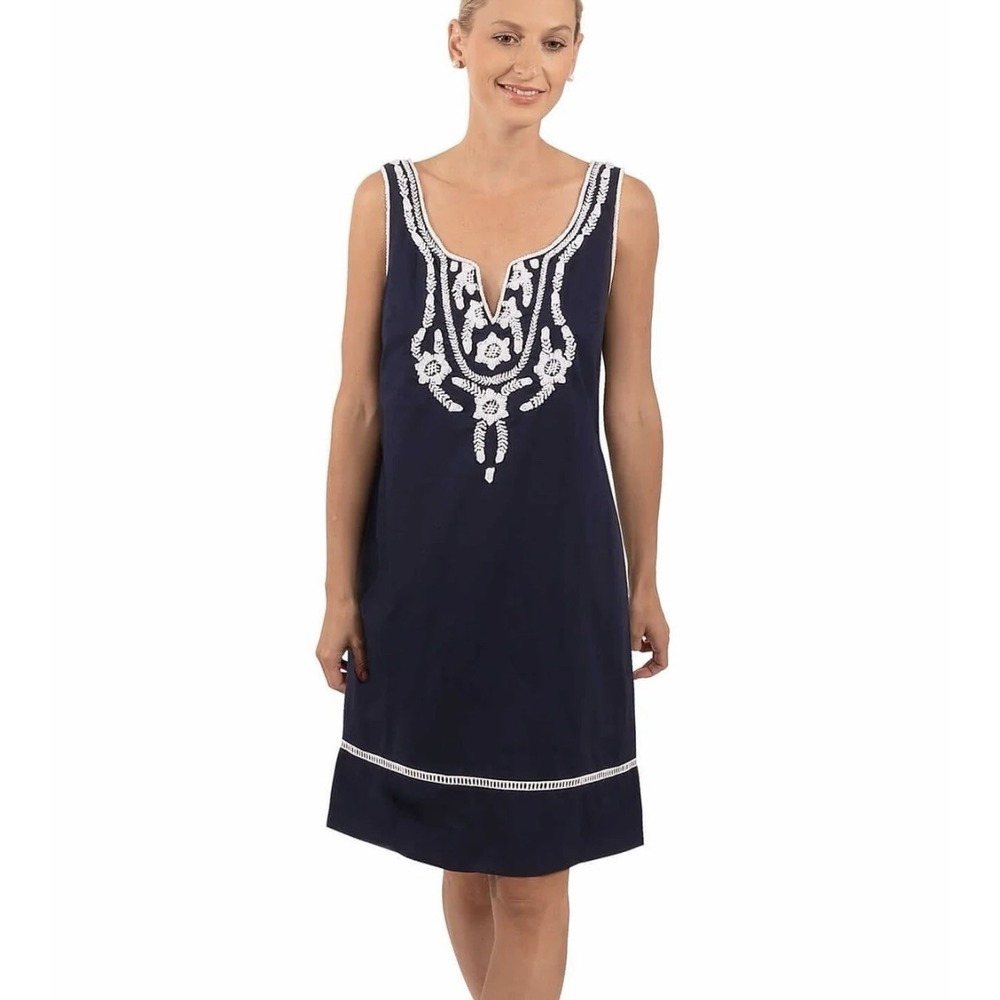 Gretchen Scott Navy Blue La Di Da Embroidered‎ Sleeveless Pockets Dress MEDIUM